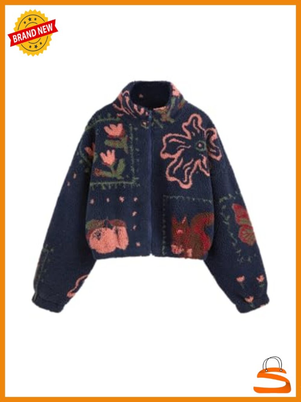 Fleece Floral Graphic Cropped Sherpa Jacket Zip Up Winter Coat
